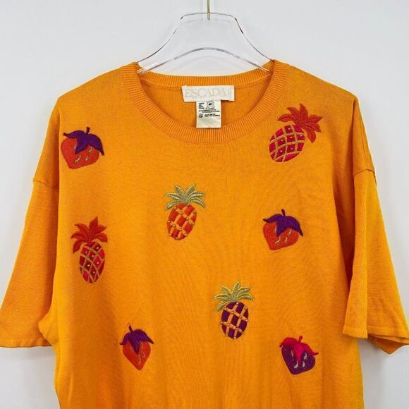 Vintage Escada Size 40 Medium Yellow Novelty Fruit Embroidered Sweater Top - Picture 2 of 8